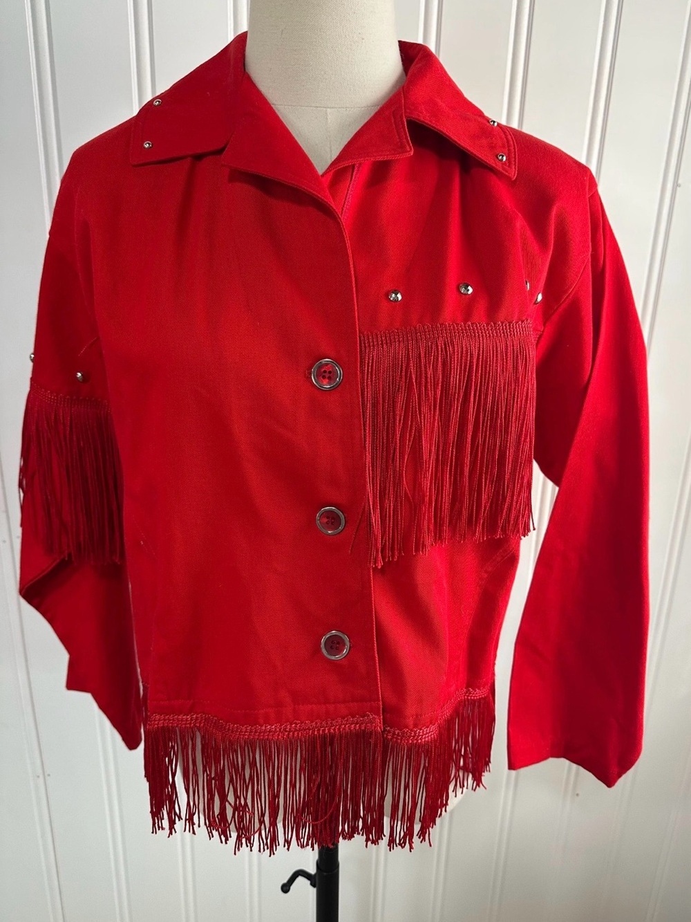 Vintage 80s Saisa Red Fringe Western Jacket Studded 100% Cotton Made in USA L